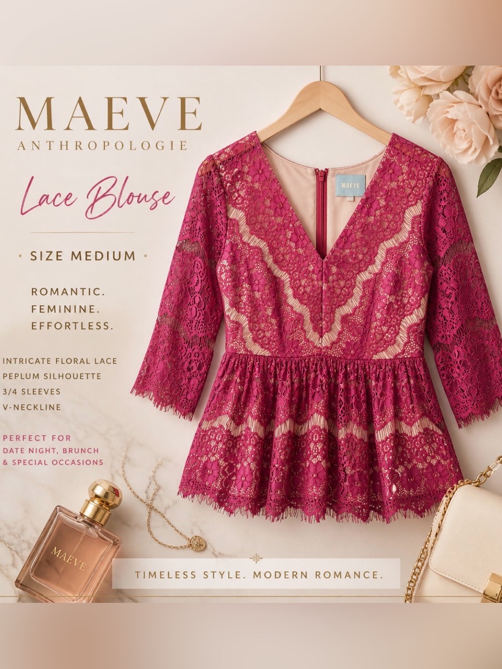 Maeve Anthropologie Lace Blouse Medium Pink Peplum Floral  Boho Romantic Top